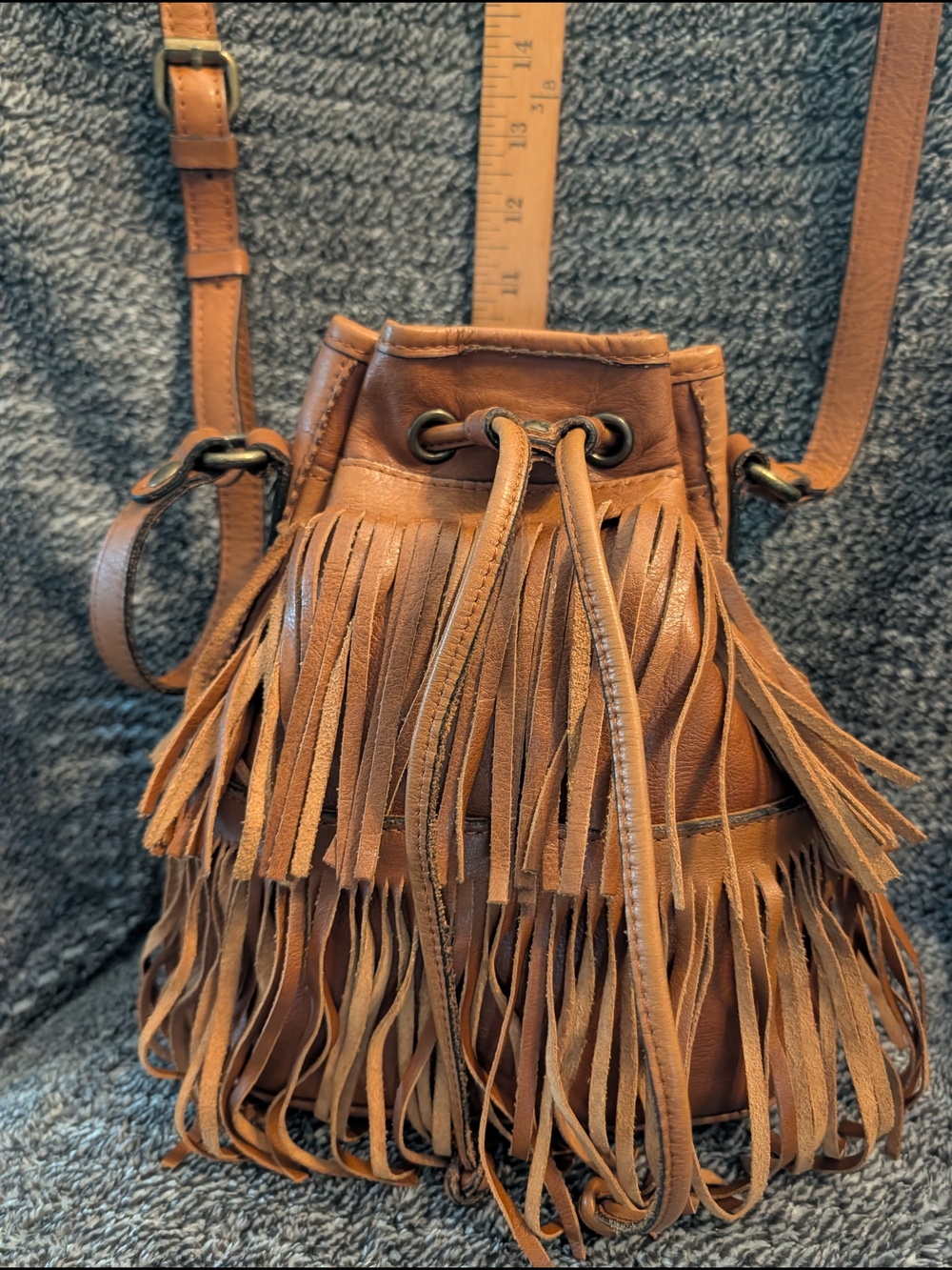 Patricia Nash Tan Leather Fringe Drawstring Crossbody